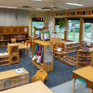 Young Preschool Classroom, showing different learning areas including dramatic play, art, and blocks. 